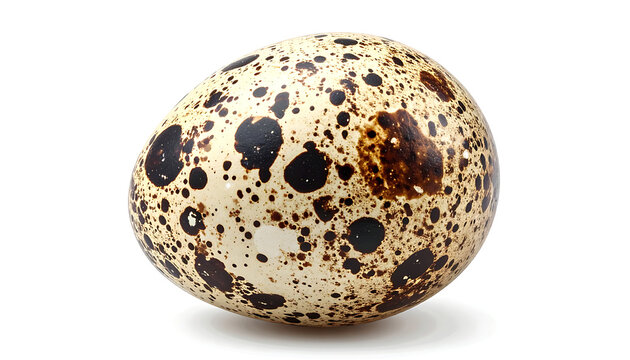 Single speckled quail egg isolated on white background showing natural brown spots and texture.