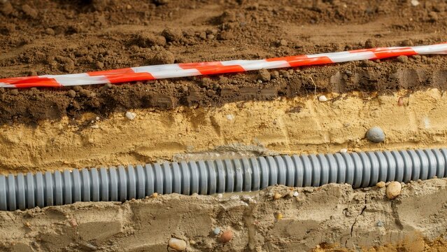 Corrugated drainage pipe sits inside a deep trench prepared for underground infrastructure development work.