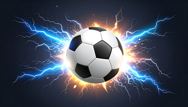 Soccer ball exploding with electric blue lightning and fiery sparks on dark background.