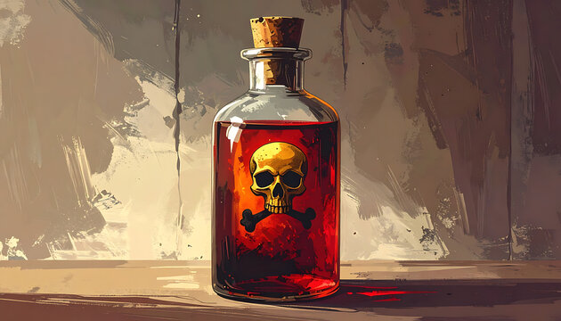 Vintage glass bottle filled with red poison liquid and skull symbol on label.