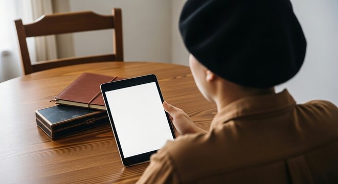 Person wearing a black beret, holding a tablet computer and looking at the screen, with notebooks on a wooden table.