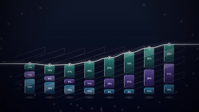 Stacked glass column chart animation seamless loop with glowing gradient blocks, business financial statistics visualization