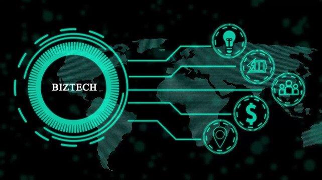 Futuristic graphic presentation of biztech logo with digital user interface design.4K