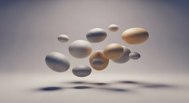 Abstract cluster group collection of floating organic smooth white and gold marble egg shapes