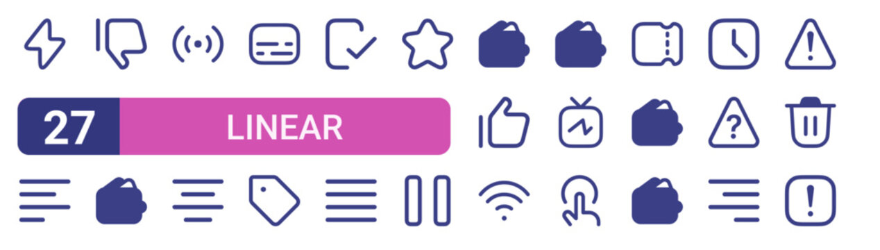 Set of 27 linear Linear Collection icons for web projects, mobile apps and interface menus. Vector icon set including left align, wifi, success, wallet, tap and attention.