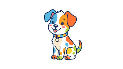 Fototapeta premium Cute cartoon dog with colorful spots and collar sitting happily with tongue out