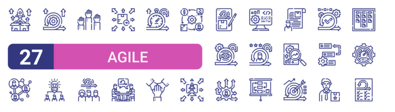 Set of 27 linear Agile Methodology icons for web projects, mobile apps and interface menus. Vector icon set including stakeholder, vote, time, de, planning and requirement.