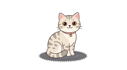 Fototapeta premium Cute cartoon tabby cat with big eyes and a pink collar sitting on a round rug, isolated on white background