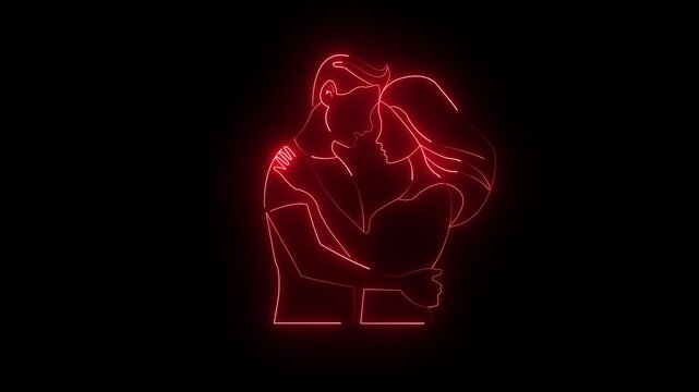 Neon red line art illustration of a romantic couple embracing each other