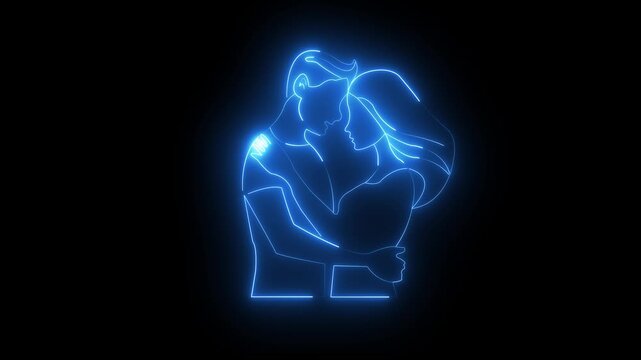 Neon blue line art illustration of a romantic couple embracing each other
