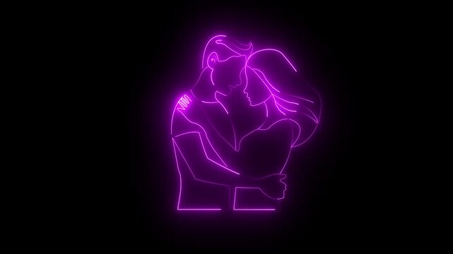 Neon purple line art illustration of a romantic couple embracing each other