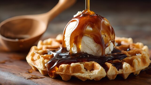 chocolate and caramel maple or honey syrup with ice cream scoop fresh baked waffles morning breakfast
