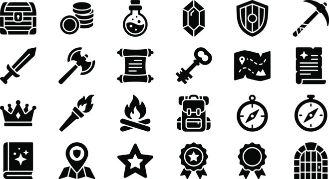 A detailed collection of black vector game icons featuring various fantasy adventure items and objects