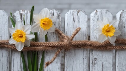 Obraz premium Close-up of Three White Daffodils with Yellow Centers Tied with Twine to a White Picket Fence with Green Stems and a Blurred Background Suggesting Spring