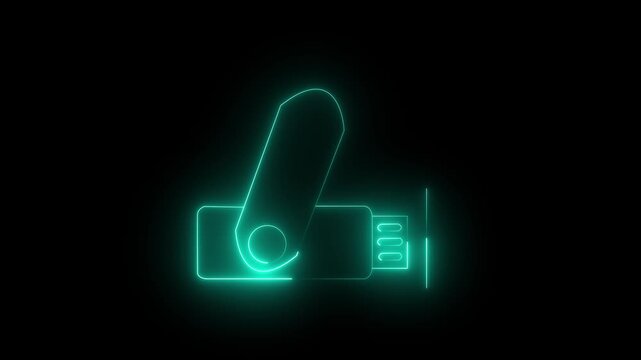 Neon CYAN glowing USB flash drive icon on black background graphic. Data storage backup transfer device. icon animation