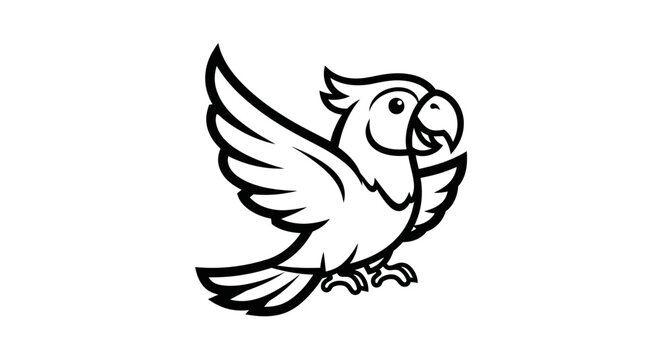 Minimalist black and white flying parrot cartoon mascot