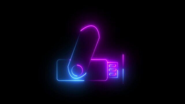 Neon glowing USB flash drive icon isolated on black background graphic. Data storage backup transfer device. icon animation