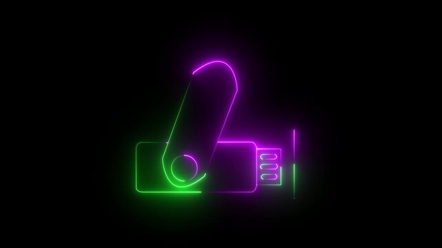 Neon glowing USB flash drive icon isolated on black background graphic. Data storage backup transfer device. icon animation