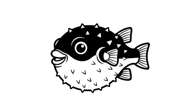 Minimalist black and white puffer fish icon on white background