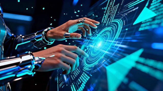 Cyborg hands interacting with digital interface