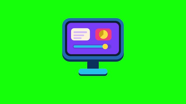 Animated cartoon computer monitor with data analytics dashboard on green screen