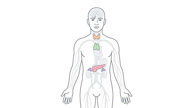 Anatomical illustration of human endocrine glands including thyroid, thymus, and pancreas within the torso.