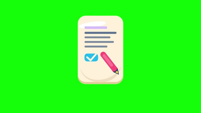 Animated cartoon contract document icon with pencil on green screen