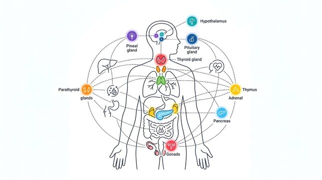 Human endocrine system diagram showing major glands and their interconnected functions.