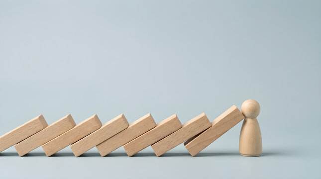 Single wooden figure stopping falling domino blocks for business risk prevention, crisis management intervention and individual leadership courage concept on minimal light background