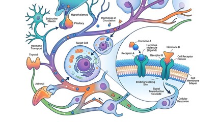 Naklejka premium Detailed diagram illustrating the neuroendocrine system, showing neuronal pathways, hormone secretion, target cells, and synaptic transmission.