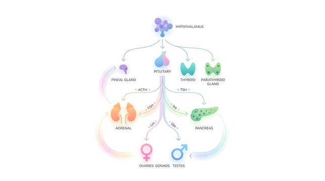 Detailed diagram illustrating the human endocrine system and its major glands and hormonal pathways.