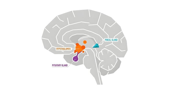 Sagittal view of the human brain highlighting the hypothalamus, pituitary gland, and pineal gland with labels.