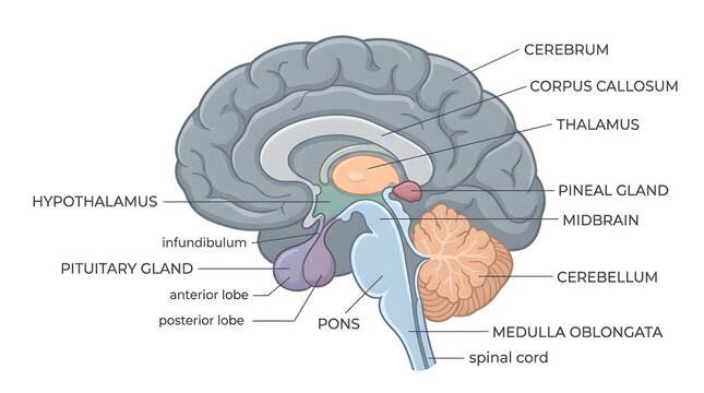 Detailed diagram illustrating the sagittal view of the human brain with key anatomical structures labeled.