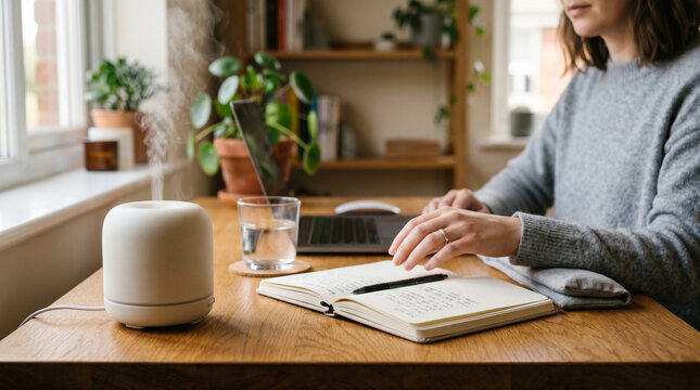 Deskside aroma diffuser pause in calm remote work wellness routine