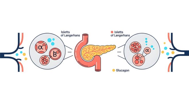 Illustration of the pancreas and its role in blood sugar regulation through Islets of Langerhans, showing alpha and beta cells releasing hormones like glucagon.