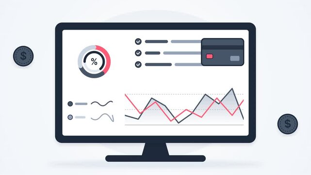 Financial dashboard on computer monitor showing statistics 4k