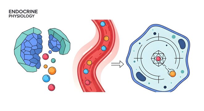 Illustration of endocrine physiology showing hormone secretion from a gland, transport in the bloodstream, and target cell receptor binding.