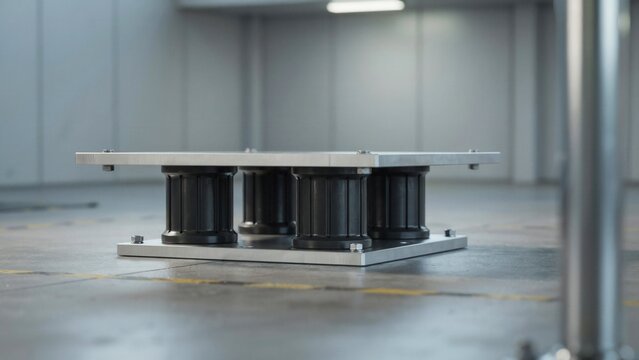 Vibration isolator mounts sit on an industrial floor to provide shock absorption for heavy machinery in a workshop.