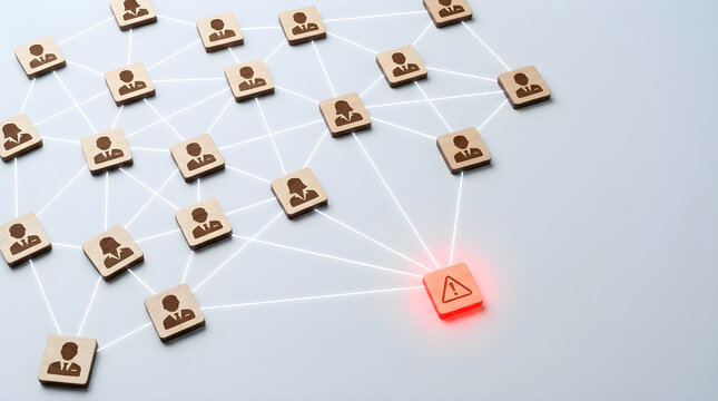 Wooden people network connection map with red warning alert icon for corporate risk management, organizational vulnerability detection and business team communication failure concept