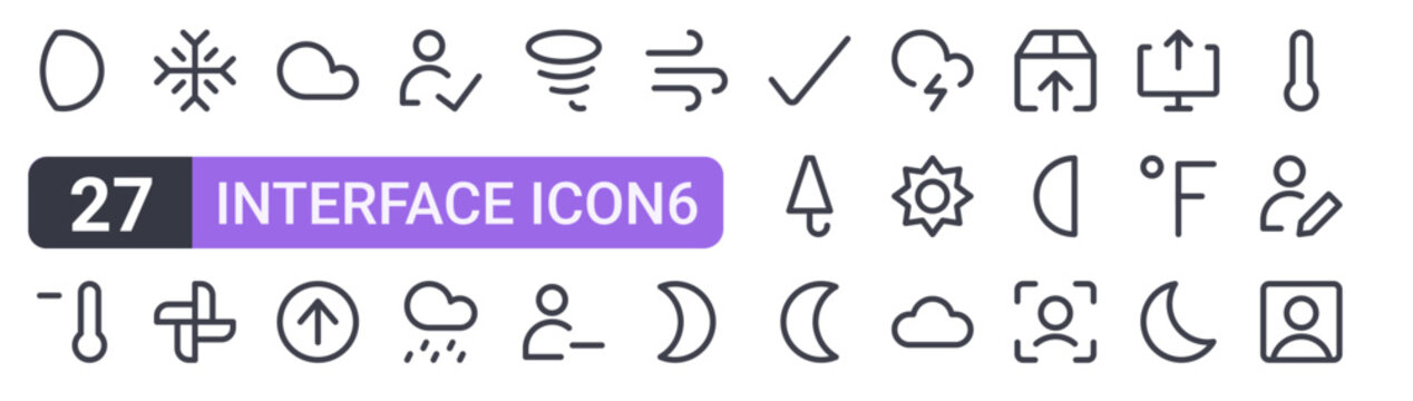 Set of 27 outline Interface Icon6 icons for modern UI, landing pages and digital services. Editable stroke collection with moon, temprature, snowfall, rain, umbrella and scan.