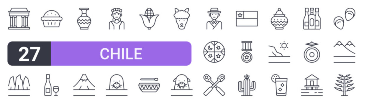 Set of 27 outline Chile icons for modern UI, landing pages and digital services. Editable stroke collection with museum, torres del paine, meat pie, seal, mapuche and drink.