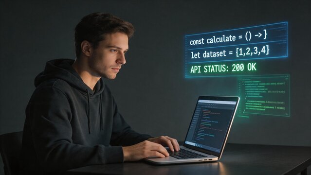 Man working on laptop with code