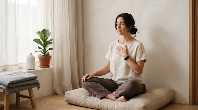 Biometric Rest Practice In Serene Home Corner With Breathwork Routine