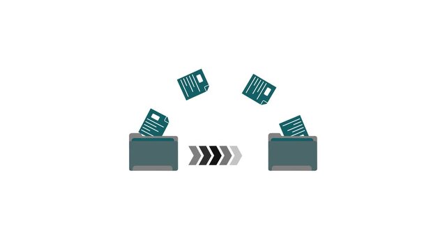 Animated File Transfer Process from One Folder to Another, Representing Data Migration, Document Sharing, and Cloud Storage Synchronization on a White Background.