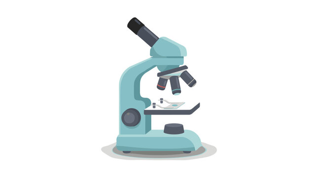 A light blue laboratory microscope with multiple lenses and a stage for specimen slides isolated on a white background