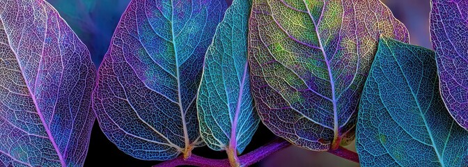 Obraz premium Close-up of Translucent Leaves with Glowing Veins Illuminated by Blue Purple and Green Lights Creating an Abstract Sci-Fi Botanical Macro Scene
