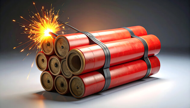 Bundle of red dynamite sticks with a burning lit fuse and bright sparks.