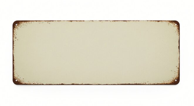 Blank distressed rectangular metal sign with rusted edges on a white background.