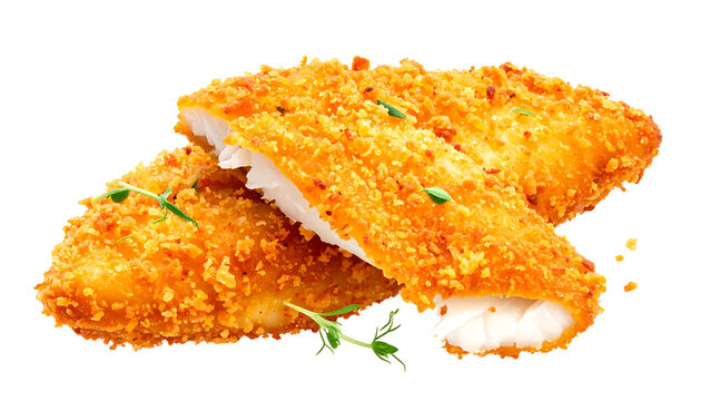 Crispy Golden Fried Fish Fillets with Breadcrumbs and Fresh Herbs Isolated on White Background.