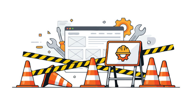Website Under Construction Vector Illustration with Traffic Cones, Tools, and Caution Tape for Web Maintenance